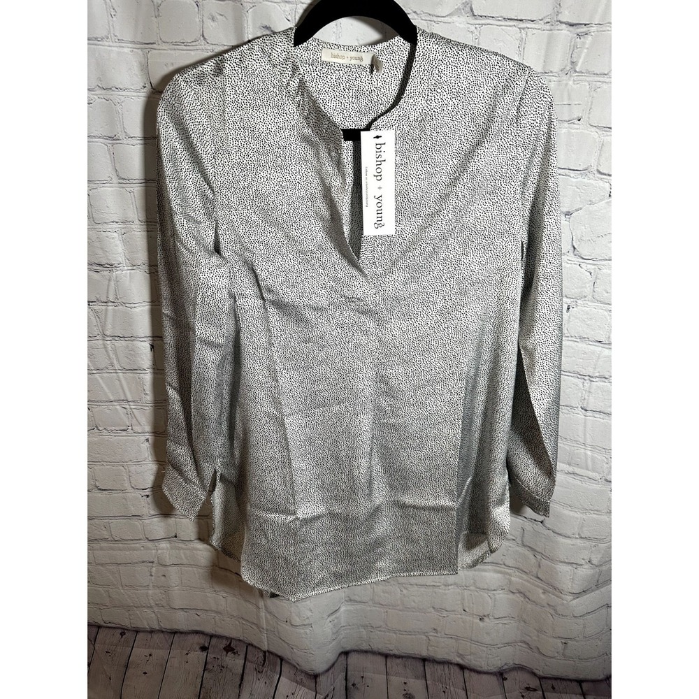 Bishop + Young Womens XS Black White Micro Dot Long Sleeve V-Neck Blouse New